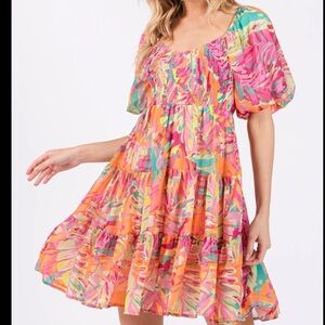 Flying Tomato Multicolor Floral Puff-Sleeve Tiered Mini Dress - Pink & Orange